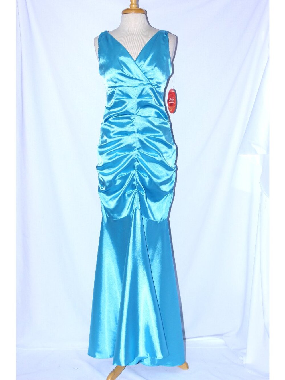 Cindy #1138 Long Satin Fit & Flare Bridesmaid Dress-Size L-TURQUOISE-NWT